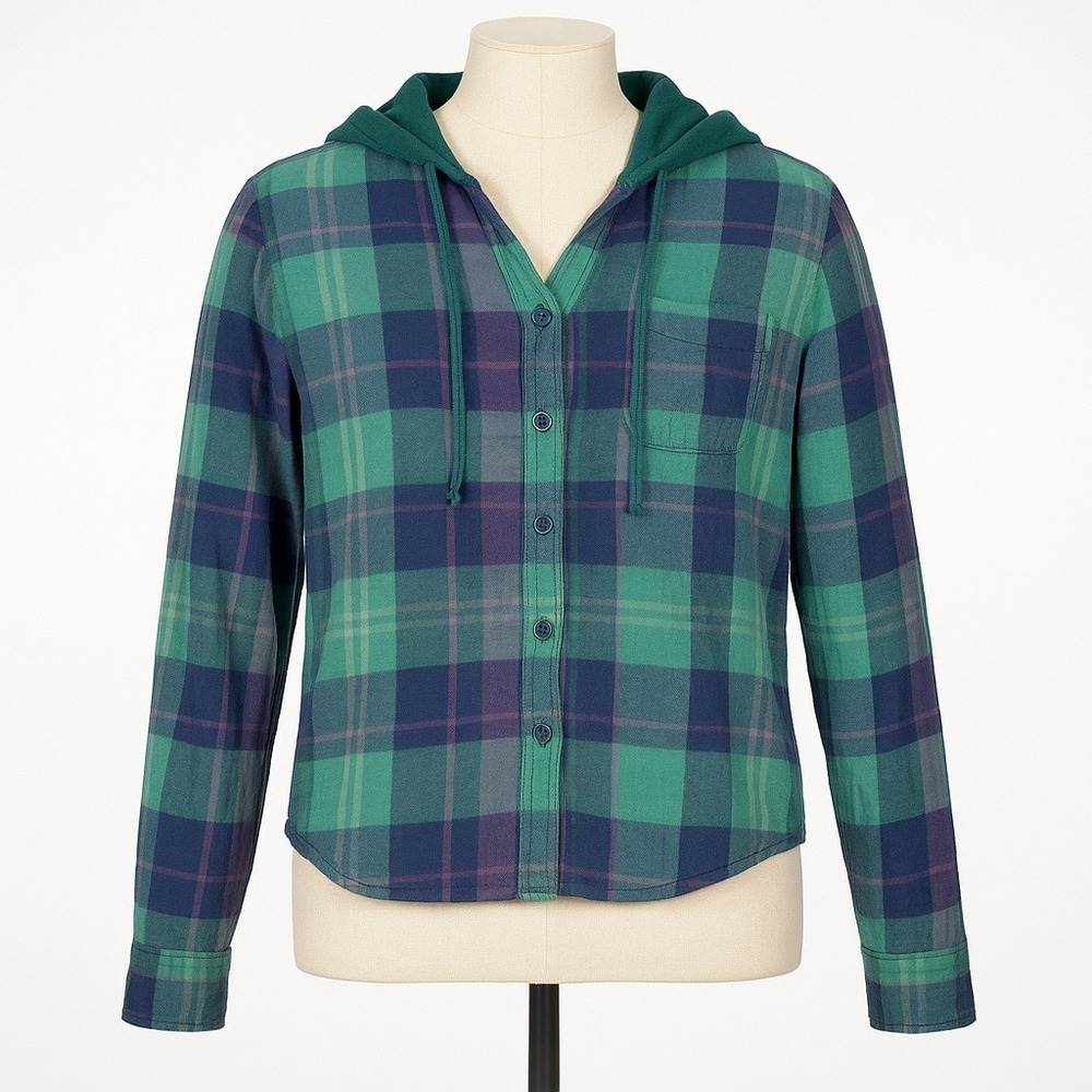 American Eagle Plaid‎ Hooded Flannel Shirt Cropped Button Front Green M Womens